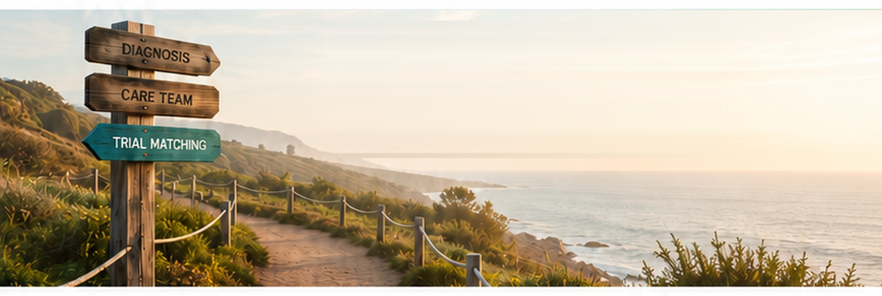Illustrated coastal pathway at sunrise with a wooden signpost pointing toward Diagnosis, Care Team and Trial Matching