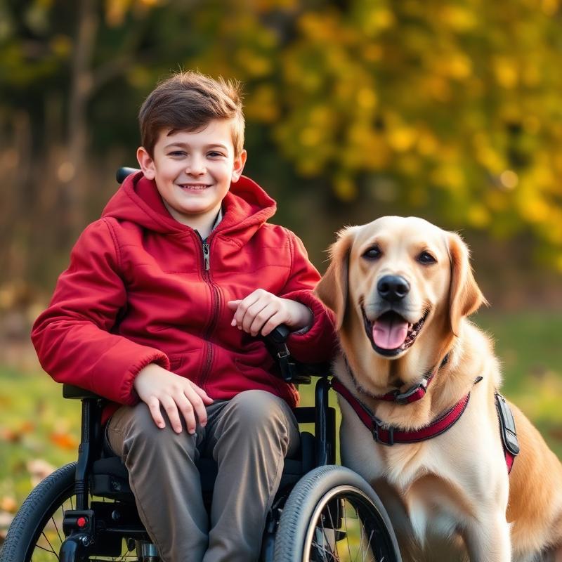 Smiling boy in wheelchair with golden retriever